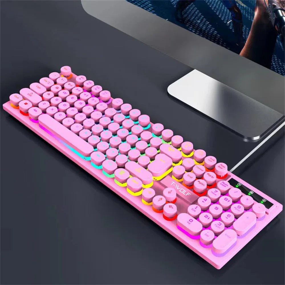T-WOLF T80 Gaming Keyboard Wired Luminous Laptop Office Pink Punk Retro Keyboard Character Transparent Punk Round Keycaps Digispots