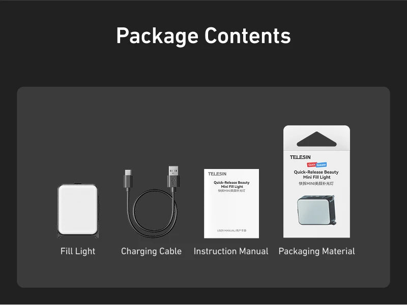 TELESIN fill light package contents and mount